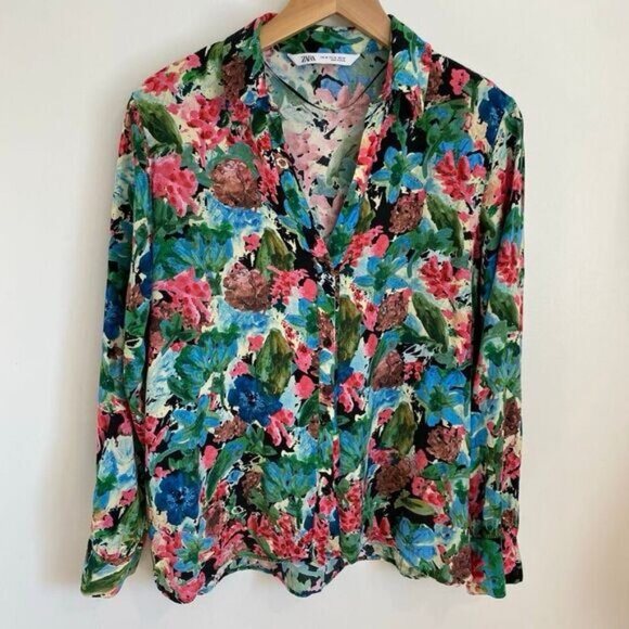 Zara Women's M Blue Pink Pastel Watercolor Button Down Shirt Top Hawaiian Beach - Picture 12 of 14